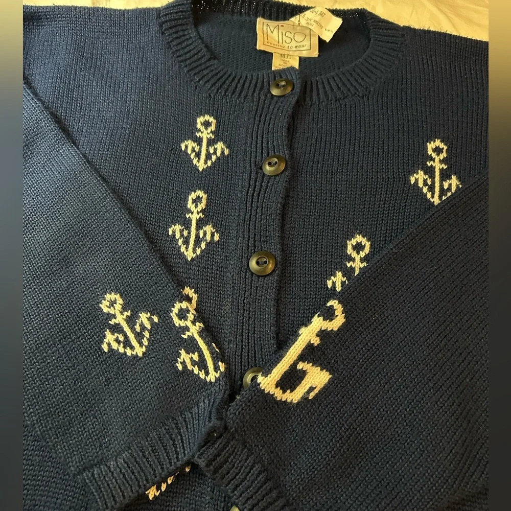 VINTAGE 90s MISO: Healthy to Wear Cotton Nautical Cardigan Sweater Navy M-L - Picture 3 of 9